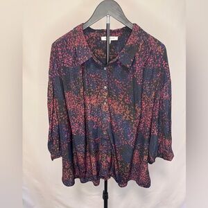 Rose & Olive Black Button-Down Blouse with Pink and Blue Floral Print